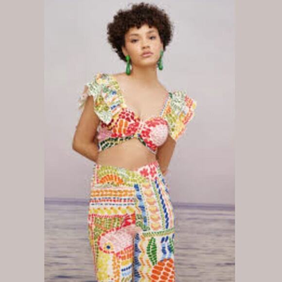 ANI Tropical 2 Piece Set Ruffle Crop Top & High Waist Wide Leg Pants Resortwear - Picture 15 of 15